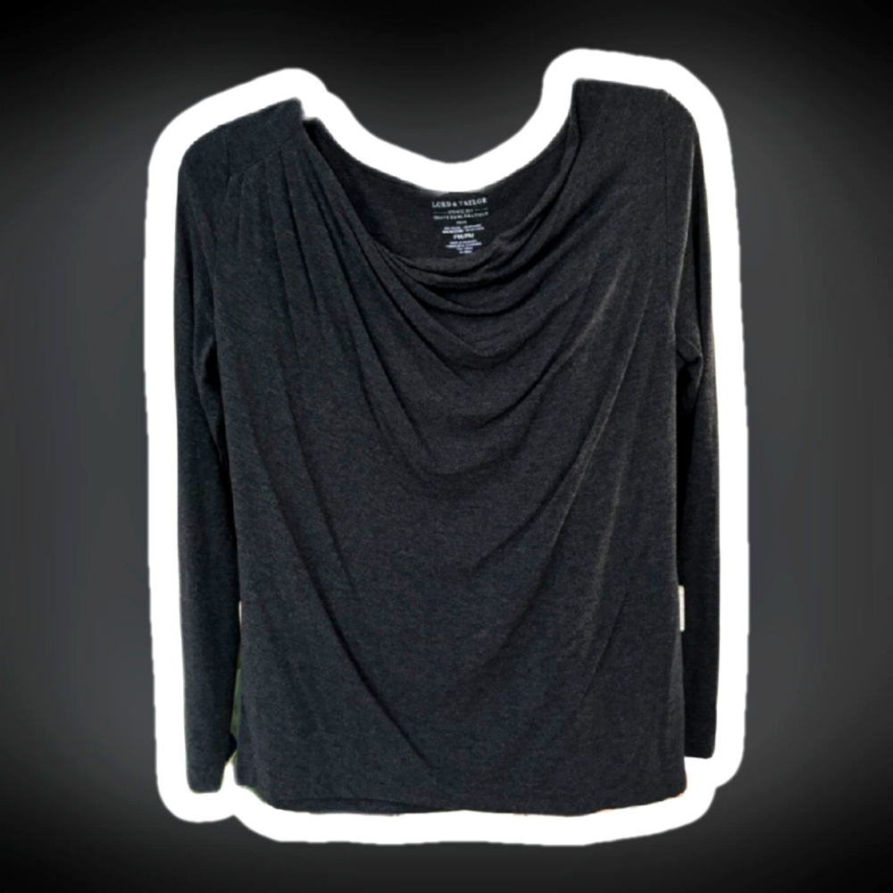 lord & taylor dark gray draped off the shoulder shirt y2k